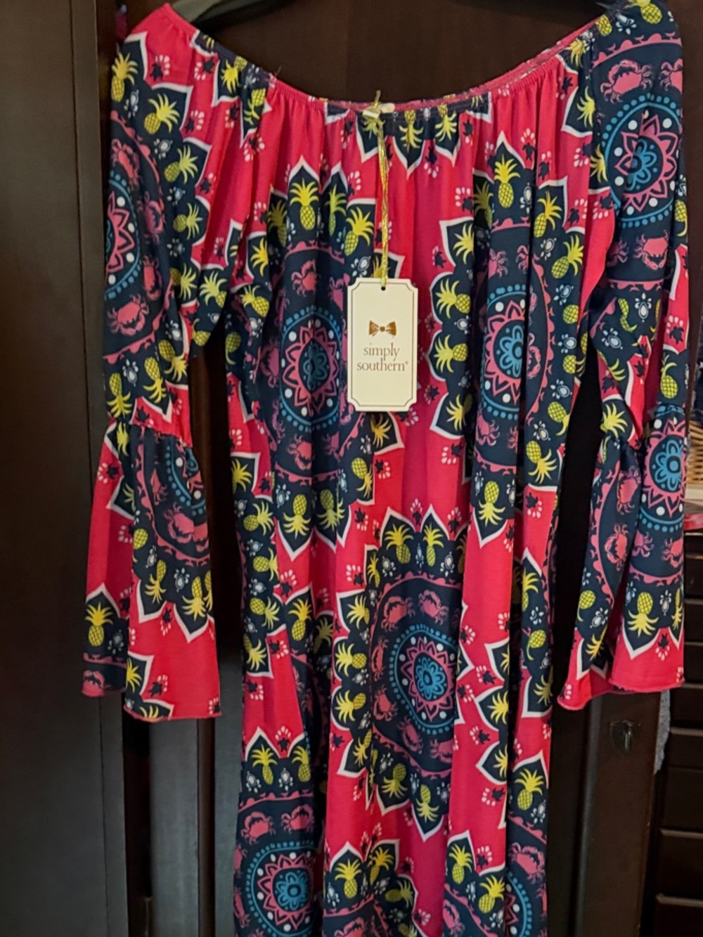 Simply Southern Pink and Navy Off-Shoulder Medallion Dress
